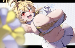 Rule 34 | 1girl, ahoge, blonde hair, blue archive, blurry, blurry foreground, blush, breasts, cheerleader, cleavage, commentary request, dated, dot nose, dutch angle, film grain, gloves, hair between eyes, halo, holding, holding pom poms, kotori (blue archive), kotori (cheer squad) (blue archive), large breasts, looking at viewer, mikichika, millennium cheerleader outfit (blue archive), navel, open mouth, outstretched arm, pleated skirt, plump, pom pom (cheerleading), pom poms, red eyes, skindentation, skirt, solo, sweat, thick thighs, thighs, translation request, triangle halo, upper body, white gloves, white skirt, yellow halo