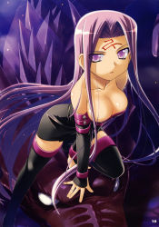 Rule 34 | 1girl, bakutendou, bare shoulders, breasts, cleavage, detached sleeves, dragon, dress, elbow gloves, facial mark, fate/stay night, fate (series), fingerless gloves, forehead mark, gloves, highres, large breasts, long hair, medusa (fate), medusa (rider) (fate), purple eyes, purple hair, riding, solo, square pupils, strapless, strapless dress, thighhighs, very long hair, zettai ryouiki