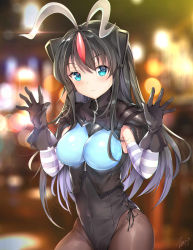 Rule 34 | 1girl, absurdres, antennae, armor, black gloves, black hair, black leotard, black ribbon, blue eyes, blurry, blurry background, blush, bokeh, breasts, brown pantyhose, closed mouth, commentary request, covered navel, depth of field, detached sleeves, glint, gloves, hair between eyes, hands up, headgear, highres, leotard, long hair, looking at viewer, maga zetton, medium breasts, pantyhose, pauldrons, personification, raised eyebrows, ribbon, shoulder armor, sidelocks, signature, solo, standing, striped, taro (ultrataro), ultra kaijuu gijinka keikaku, ultra series, ultraman orb (series), zetton