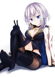Rule 34 | 1girl, azur lane, blue eyes, boots, breasts, choker, cleavage, commentary request, cross, cross necklace, crossed legs, gloves, high heel boots, high heels, jacket, jacket on shoulders, jewelry, large breasts, looking at viewer, midriff, mole, mole on breast, navel, necklace, pantyhose, shimo (shimo332215), short hair, sidelocks, silver hair, simple background, sitting, sleeveless, smile, solo, thigh boots, thighhighs, v, washington (azur lane), white background