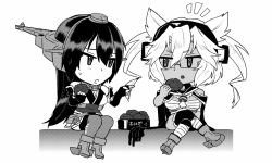 Rule 34 | 10s, 2girls, ^^^, bad id, bad twitter id, black hair, bridal gauntlets, chibi, commentary request, crossed legs, eating, fingerless gloves, food, food on face, glasses, gloves, greyscale, headgear, high heels, ikeshita moyuko, kantai collection, long hair, monochrome, multiple girls, musashi (kancolle), nagato (kancolle), pointing, pointy hair, sarashi, two side up