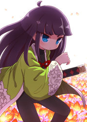 Rule 34 | 1girl, 7th dragon, 7th dragon (series), ahoge, black bodysuit, black hair, blue eyes, blunt bangs, blush, bodysuit, bright pupils, closed mouth, feet out of frame, flower, hand up, highres, japanese clothes, katana, light frown, long hair, long sleeves, looking ahead, naga u, petals, ran (7th dragon), samurai (7th dragon), samurai (7th dragon), short eyebrows, sidelocks, simple background, solo, straight hair, sword, tsurime, v-shaped eyebrows, very long hair, weapon, white background