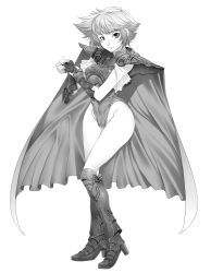 Rule 34 | 1girl, armor, boots, cameltoe, cape, cleft of venus, faye, female focus, final fantasy, final fantasy mystic quest, fingerless gloves, full body, gloves, greyscale, high heels, highres, kneehighs, mizuryu kei, monochrome, shoes, short hair, shoulder pads, simple background, socks, solo