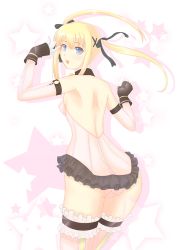 Rule 34 | 1girl, ass, back, backless leotard, backless outfit, blonde hair, blue eyes, blush, breasts, cat with a brush, dead or alive, dead or alive 5, detached sleeves, fingerless gloves, frilled thighhighs, frills, from behind, gloves, hair ribbon, highres, leotard, long hair, looking back, marie rose, ribbon, small breasts, solo, thighhighs, twintails