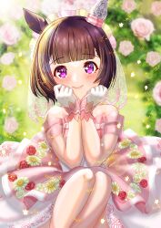 Rule 34 | 1girl, animal ears, black hair, blunt bangs, blurry, blurry background, bridal veil, clenched hands, closed mouth, commentary request, dress, ear covers, flower, gloves, hands on own cheeks, hands on own face, highres, horse ears, horse girl, looking at viewer, nishino flower (sweet juneberry) (umamusume), nishino flower (umamusume), official alternate costume, otono (bkt4b), purple eyes, short hair, single ear cover, smile, solo, umamusume, veil, wedding, wedding dress