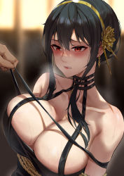 Rule 34 | 1boy, 1girl, absurdres, bare shoulders, black hair, blurry, blurry background, blush, bound, breasts, breath, clenched teeth, collarbone, flower, furrowed brow, gold hairband, hair flower, hair ornament, hairband, highres, large breasts, parted lips, pulling another&#039;s clothes, red eyes, rope, rose, solo focus, spikes, spy x family, strap pull, sweat, teeth, upper body, veins, veiny breasts, yor briar, yukiaka