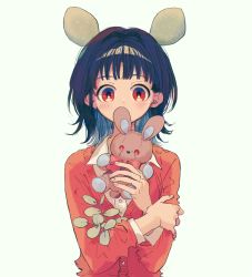 Rule 34 | 1girl, animal ears, black hair, blush, closed mouth, collared shirt, covered mouth, fingernails, hair intakes, hands up, highres, jacket, ka (marukogedago), looking at viewer, original, red eyes, red jacket, self hug, shirt, short hair, simple background, solo, stuffed animal, stuffed rabbit, stuffed toy, upper body, white background, white shirt, wing collar