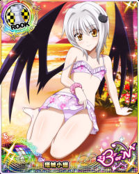 Rule 34 | 1girl, arm support, barefoot, beach, bikini, blush, card (medium), cat hair ornament, character name, chess piece, closed mouth, demon wings, covered erect nipples, flat chest, flower, hair ornament, high school dxd, high school dxd born, looking at viewer, navel, ocean, official art, rook (chess), short hair, silver hair, sitting, smile, solo, sunset, swimsuit, toujou koneko, trading card, water, wings, yellow eyes
