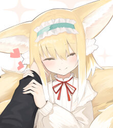 Rule 34 | 1girl, absurdres, animal ear fluff, animal ears, arknights, blush, cardigan, closed eyes, fox ears, fox girl, fox tail, frilled hairband, frills, hairband, hand on another&#039;s arm, hand on another&#039;s cheek, hand on another&#039;s face, heart, highres, kashiyarrm, multiple tails, neck ribbon, pov, pov hands, red ribbon, ribbon, smile, suzuran (arknights), suzuran (spring praise) (arknights), tail, yellow cardigan