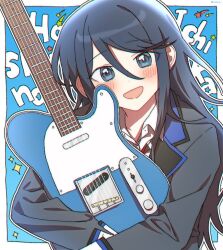 Rule 34 | 1girl, :d, black eyes, black hair, black jacket, blazer, blush, border, bow, bowtie, character name, cocov, collared shirt, dot nose, electric guitar, guitar, head tilt, holding, holding instrument, hoshino ichika (project sekai), hugging object, instrument, jacket, long sleeves, looking at viewer, open mouth, outside border, portrait, project sekai, red bow, red bowtie, school uniform, shirt, smile, solo, white border, white shirt