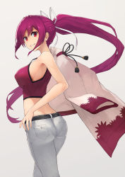 Rule 34 | 1girl, absurdres, ass, bare shoulders, breasts, butt crack, curvy, grey background, grin, hair ribbon, happy, highres, hip focus, legs, long hair, looking at viewer, looking back, midriff, pants, pantylines, ponytail, purple hair, red eyes, ribbon, robe, sideboob, simple background, smile, solo, tank top, thighs, toima (beat0829), under night in-birth, very long hair, yuzuriha (under night in-birth)