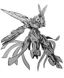 Rule 34 | absurdres, arm blade, greyscale, gun, highres, holding, holding gun, holding weapon, ishiyumi, looking to the side, majestic prince, mecha, monochrome, no humans, red five, robot, science fiction, solo, weapon, white background