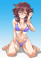 Rule 34 | 1girl, absurdres, ankh, bare arms, bare legs, barefoot, bikini, blue background, breasts, breasts apart, brown hair, cleavage, collarbone, commentary request, glasses, gradient background, hand in own hair, hand on own thigh, highres, light smile, looking at viewer, plaid, plaid bikini, purple bikini, red eyes, semi-rimless eyewear, short hair, simple background, sitting, small breasts, solo, swimsuit, touhou, twintails, uno (union), usami sumireko, wariza, white background