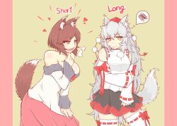 Rule 34 | 2girls, alternate hair length, alternate hairstyle, animal ears, bare shoulders, blush stickers, breasts, brown hair, cube85, english text, fingernails, hairstyle switch, hat, heart, imaizumi kagerou, inubashiri momiji, lace, lace-trimmed legwear, lace trim, large breasts, long fingernails, long hair, multiple girls, open mouth, pout, red eyes, sharp fingernails, short hair, silver hair, skirt, smile, spoken squiggle, squiggle, tail, thighhighs, tokin hat, touhou, very long hair, white legwear, wolf ears, wolf tail, yellow eyes