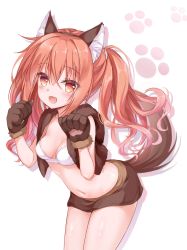Rule 34 | 1girl, :d, animal ear fluff, animal ears, animal hands, blush, breasts, brown eyes, brown hair, brown hairband, brown skirt, cannian dada, commentary request, dog ears, dog girl, dog tail, fake animal ears, fang, gloves, hair between eyes, hairband, hands up, highres, inaba meguru, long hair, looking at viewer, miniskirt, navel, open mouth, paw gloves, sanoba witch, shadow, sidelocks, skirt, small breasts, smile, solo, tail, twintails, very long hair, white background