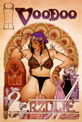 Rule 34 | 1girl, adam hughes, antique radio, armlet, art nouveau, bandana, black cat, black hair, black panties, bra, bracelet, breasts, brown eyes, cat, cleavage, commentary, cover, cover page, dc comics, earrings, jewelry, lace, lace-trimmed bra, lace trim, lips, lipstick, long hair, makeup, money, navel, necklace, object in clothes, object in panties, original, panties, pearl necklace, priscilla kitaen, radio, ring, skirt, unworn skirt, solo, tattoo, traditional media, tucked money, underwear, underwear only, wild c.a.t.s