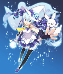 Rule 34 | 1girl, black gloves, black pantyhose, blue background, blue eyes, blue hair, blue skirt, cape, ecoliff, fingerless gloves, frills, full body, gloves, hair ornament, hat, hatsune miku, highres, long hair, matching hair/eyes, outstretched hand, pantyhose, rabbit, ribbon, shoes, skirt, smile, snow, snowflake hair ornament, solo, twintails, vocaloid, witch hat, yuki miku, yukine (vocaloid)