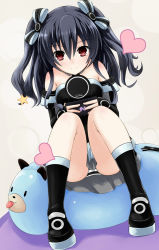 Rule 34 | 10s, 1girl, bare shoulders, black hair, blush, dogoo, elbow gloves, game console, gloves, hair ornament, handheld game console, heart, highres, kowai, long hair, neptune (series), panties, pantyshot, playing games, red eyes, sitting, solo, striped clothes, striped panties, tongue, tongue out, underwear, uni (neptunia)