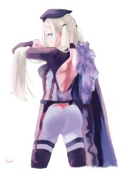 Rule 34 | 1girl, a-545 (girls&#039; frontline), absurdres, aqua eyes, arm up, artist name, ass, back, backless dress, backless outfit, bare back, black cape, black footwear, blonde hair, bodysuit, boots, braid, butt crack, cape, closed mouth, dress, feet out of frame, from behind, fur-trimmed cape, fur trim, girls&#039; frontline, hair ornament, hair scrunchie, highres, long hair, looking back, multicolored bodysuit, multicolored clothes, scrunchie, side braid, smile, solo, standing, sugac, thigh boots, thighs, twintails, white background