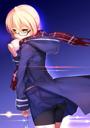 Rule 34 | 1girl, akisa yositake, anpan, artoria pendragon (all), artoria pendragon (fate), ass, bag, bike shorts, black-framed eyewear, blonde hair, blue skirt, checkered clothes, checkered scarf, coat, cowboy shot, eating, fate/grand order, fate (series), food, fringe trim, from behind, glasses, hair between eyes, highres, holding, holding bag, hood, hood down, hooded coat, looking at viewer, looking back, mysterious heroine x alter (fate), mysterious heroine x alter (first ascension) (fate), pleated skirt, red scarf, saber (fate), scarf, semi-rimless eyewear, sidelocks, skirt, solo, under-rim eyewear, wind, wind lift, yellow eyes
