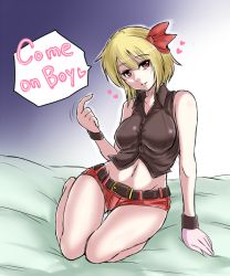 Rule 34 | 1girl, alternate costume, bare shoulders, belt, blonde hair, breasts, come hither, crop top, english text, female focus, hair ribbon, heart, midriff, navel, aged up, red eyes, ribbon, rumia, sekitaku, short hair, short shorts, shorts, sleeveless, solo, touhou