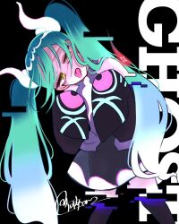 Rule 34 | 1girl, bare shoulders, black background, black skirt, black sleeves, black thighhighs, blue hair, creatures (company), detached legs, detached sleeves, game freak, ghost miku (project voltage), glitch, gradient hair, grey shirt, hair between eyes, hands up, hatsune miku, highres, long hair, looking at viewer, multicolored hair, nanitozo, necktie, nintendo, pale skin, pokemon, print sleeves, project voltage, see-through, see-through skirt, shirt, signature, skirt, sleeveless, sleeveless shirt, sleeves past fingers, sleeves past wrists, solo, standing, thighhighs, tongue, tongue out, twintails, very long hair, vocaloid, white hair, white necktie, will-o&#039;-the-wisp (mythology), yellow eyes