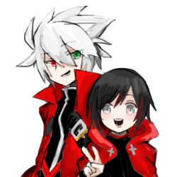 Rule 34 | 1boy, 1girl, bad id, bad twitter id, black hair, blazblue, blazblue: cross tag battle, green eyes, height difference, heterochromia, jacket, looking at another, ragna the bloodedge, red eyes, red jacket, ruby rose, rwby, grey eyes, simple background, v, white background, white hair