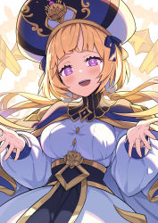 Rule 34 | + +, 1girl, :d, bare shoulders, blonde hair, blue cloak, blue hat, blunt bangs, blush, breasts, cape, character request, cloak, commentary request, dress, guardian tales, hands up, hat, highres, large breasts, long hair, long sleeves, looking at viewer, low twintails, open mouth, puffy long sleeves, puffy sleeves, purple eyes, ribbon, simple background, smile, solo, star-shaped pupils, star (symbol), symbol-shaped pupils, tam-u, teeth, twintails, upper body, upper teeth only, very long hair, white background, white dress, white hat