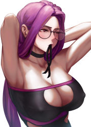 Rule 34 | 1girl, armpits, arms up, breasts, covered erect nipples, fate/stay night, fate (series), glasses, long hair, looking away, medusa (fate), medusa (rider) (fate), mouth hold, purple eyes, purple hair, ribbon, tamamoice, very long hair