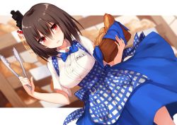 Rule 34 | 1girl, alternate costume, apron, baguette, basket, black hair, blue apron, blue bow, blue bowtie, blue skirt, blurry, blurry background, blush, bow, bowtie, bread, breasts, dutch angle, food, hair between eyes, hair ornament, hand up, highres, holding, kantai collection, kerchief, kinona, kobeya, kobeya uniform, looking at viewer, medium breasts, medium hair, neck ribbon, open mouth, parted lips, plaid, plaid apron, pocket, red eyes, ribbon, shirt, short sleeves, skirt, smile, solo, standing, tongs, waitress, white shirt, yamashiro (kancolle)