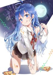 Rule 34 | 1girl, :q, antenna hair, bare shoulders, barefoot, black skirt, blue eyes, blue hair, blush, closed mouth, cloud, collared shirt, commentary request, denpa onna to seishun otoko, dress shirt, food, full moon, hand up, head tilt, highres, kneeling, leaning forward, long hair, long sleeves, looking at viewer, miniskirt, moon, neck ribbon, night, night sky, off shoulder, pizza, pleated skirt, red ribbon, ribbon, saya (mychristian2), school uniform, shadow, shirt, shooting star, sidelocks, skirt, sky, sleeves past wrists, smile, solo, star (sky), thighs, tongue, tongue out, touwa erio, undressing, very long hair, white shirt