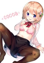 Rule 34 | 1girl, absurdres, arm support, black pantyhose, black skirt, blush, bow, bowtie, bra, breasts, brown hair, character name, commentary request, feet out of frame, flower, gochuumon wa usagi desu ka?, hair flower, hair ornament, hairclip, hand on own chest, highres, hoto cocoa, looking at viewer, lying, medium hair, navel, no shoes, nose blush, on back, open clothes, open mouth, open shirt, pantyhose, pink bra, purple eyes, red bow, red bowtie, shirt, simple background, skirt, small breasts, solo, spread legs, underwear, white background, white shirt, yamacchi