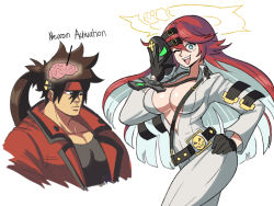 Rule 34 | 1boy, 1girl, ankh, ankh necklace, arc system works, aria (guilty gear), belt, belt buckle, bodysuit, brain, breasts, broken halo, brown hair, buckle, collarbone, commentary, spiked halo, english commentary, english text, green eyes, guilty gear, guilty gear strive, halo, hand on own hip, headband, highres, holding, holding mask, jack-o&#039; valentine, jacket, large breasts, long hair, mask, meme, multicolored hair, muscular, muscular male, neuron activation (meme), one eye closed, plunging neckline, ponytail, red hair, red headband, red jacket, simple background, sol badguy, tina fate, two-tone hair, white background, white bodysuit, white hair