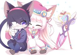 Rule 34 | 2girls, ^ ^, animal ears, black hair, blunt bangs, blush, cat busters, cat ears, cat tail, closed eyes, closed mouth, commentary request, dress, eyepatch, furry, furry female, hairband, jewelry, kirahoshi (cat busters), long hair, long sleeves, multiple girls, myaruru (cat busters), necklace, open mouth, pink dress, pink headwear, pleated skirt, purple eyes, sailor collar, school uniform, scissors, serafuku, shoes, short hair, short sleeves, simple background, skirt, slit pupils, smile, snout, staff, syuya, tail, white background, white hair