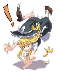 Rule 34 | !, 1girl, banana peel, blonde hair, brown eyes, female focus, hat, kirisame marisa, long hair, motion blur, open mouth, outstretched arms, rimibure, shadow, slipping, solo, touhou, tripping, witch, witch hat, yellow eyes