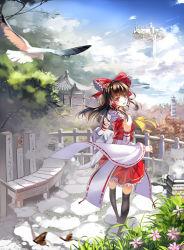 Rule 34 | 1girl, ascot, bird, black thighhighs, bow, brown hair, day, detached sleeves, female focus, floating island, hair bow, hair tubes, hakurei reimu, japanese clothes, looking back, miko, miyazakisoul, outdoors, pagoda, red eyes, short hair, solo, thighhighs, touhou, wide sleeves