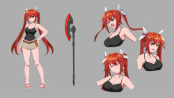 Rule 34 | 1girl, belt, black tank top, breasts, brown belt, character sheet, cleavage, collarbone, closed eyes, full body, grey background, grey shorts, grin, hair tie, halberd, highres, kuro oolong, large breasts, long hair, looking at viewer, midriff, open mouth, original, polearm, red eyes, red hair, sandals, second-party source, shorts, simple background, smile, tank top, twintails, upper body, very long hair, weapon