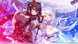 Rule 34 | 2girls, absurdres, asymmetrical clothes, azur lane, black dress, black hair, blue eyes, breasts, cleavage, detached sleeves, dress, elbow gloves, flower, gloves, hair between eyes, hair flower, hair ornament, highres, holding, holding microphone stand, huge breasts, illustrious (azur lane), illustrious (muse) (azur lane), kissai, long hair, looking at viewer, microphone, microphone stand, multiple girls, outstretched arm, red eyes, red flower, single sleeve, stage, sweat, taihou (azur lane), taihou (muse) (azur lane), upper body, very long hair, white dress, white gloves, white hair