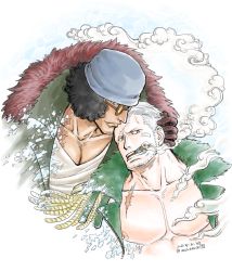 Rule 34 | 2boys, bandaid, bandaid on cheek, bandaid on face, bare pectorals, beanie, beard, black hair, cigar, coat, couple, dark-skinned male, dark skin, facial hair, goatee, green coat, hand on another&#039;s head, hat, heads together, kokorozashi, kuzan (aokiji), large pectorals, male focus, mature male, multiple boys, muscular, muscular male, navel, nipple slip, nipples, one piece, open clothes, open coat, pectoral cleavage, pectorals, scar, scar on chest, short hair, sideburns, smoke, smoker (one piece), smoking, snow, stubble, sunglasses, white hair, yaoi
