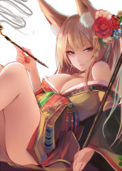 Rule 34 | 1girl, animal ears, bare shoulders, blonde hair, breasts, cleavage, eyebrows, eyeliner, flower, fox ears, hair flower, hair ornament, holding, holding smoking pipe, japanese clothes, kimono, kiseru, large breasts, legs up, long hair, looking at viewer, makeup, nail polish, nakaichi (ridil), off shoulder, original, parted lips, red eyes, red nails, short eyebrows, sitting, smile, smoke, smoking pipe, solo, thick eyebrows, yuujo