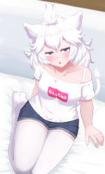 Rule 34 | 1girl, absurdres, aged down, alternate costume, animal ears, blue eyes, commentary request, denim, denim shorts, eka kinoko, highres, kemono friends, lion ears, lion girl, lion tail, looking at viewer, looking up, no shoes, on bed, seiza, shirt, short shorts, short sleeves, shorts, sitting, solo, spaghetti strap, t-shirt, tail, thighhighs, white lion (kemono friends), white shirt, white thighhighs, zettai ryouiki