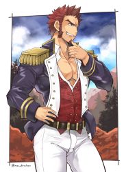 Rule 34 | 1boy, bara, beard, belt, blue eyes, brown hair, bulge, collar, collarbone, epaulettes, facial hair, fate/grand order, fate (series), fringe trim, from side, goatee, hand on own hip, jacket, long sideburns, long sleeves, looking to the side, pectoral cleavage, male focus, military, military uniform, muscular, napoleon bonaparte (fate), open clothes, open jacket, open shirt, pants, pectorals, scar, sideburns, simple background, small hands, smile, solo, thick eyebrows, thighs, tight clothes, torakichi (ebitendon), uniform, white pants