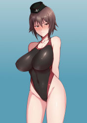 Rule 34 | 1girl, arms behind back, black hat, black one-piece swimsuit, blue background, blush, breasts, brown eyes, brown hair, collarbone, cowboy shot, garrison cap, girls und panzer, hat, highleg, highleg swimsuit, highres, large breasts, miga (migao), nishizumi maho, one-piece swimsuit, short hair, sideways glance, solo, swimsuit