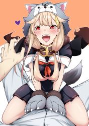 Rule 34 | 1boy, 1girl, admiral (kancolle), animal hands, black ribbon, black scarf, black serafuku, black shirt, black skirt, blonde hair, commentary request, gloves, hair flaps, hair ornament, hairclip, highres, kantai collection, long hair, looking at viewer, neckerchief, nervous sweating, official alternate costume, paw gloves, pleated skirt, pov, red eyes, red neckerchief, ribbon, rikkii (likito yuzu is), sailor collar, scarf, school uniform, serafuku, shirt, skirt, straddling, sweat, tail, white sailor collar, wolf head, wolf tail, yuudachi (kancolle), yuudachi kai ni (kancolle)