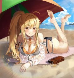 Rule 34 | 1girl, absurdres, ahoge, ass, bare arms, bare legs, bare shoulders, barefoot, beach, beach mat, beach umbrella, between breasts, bikini, black bikini, blonde hair, breasts, cleavage, closed mouth, day, detached collar, fakey, feet, highres, large breasts, legs up, long hair, long sleeves, looking at viewer, lotion bottle, lying, multi-strapped bikini, necktie, ocean, off shoulder, on stomach, original, outdoors, ponytail, revision, see-through, see-through sleeves, sidelocks, smile, solo, strap slip, string bikini, swimsuit, the pose, thighs, umbrella, very long hair, wet, wrist cuffs, yellow eyes