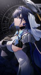 Rule 34 | 1girl, black gloves, black hair, blue bow, blue bowtie, blue eyes, bow, bow earrings, bowtie, breasts, brooch, chain, clock, closed mouth, corset, detached sleeves, earrings, from side, gloves, hair intakes, halo, hand on own chest, highres, hololive, hololive english, jewelry, large breasts, long sleeves, looking at viewer, looking to the side, mechanical halo, ouro kronii, roman numeral, short hair, sideboob, sideways glance, solo, star-ring, upper body, veil, virtual youtuber