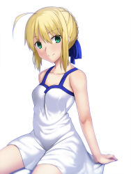 Rule 34 | 1girl, ahoge, alternate costume, artoria pendragon (all), artoria pendragon (fate), blonde hair, blush, dress, fate/stay night, fate (series), green eyes, highres, looking at viewer, saber (fate), skylader, smile, solo, sundress, white background
