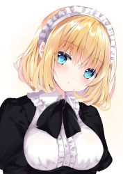 Rule 34 | 1girl, alice margatroid, alternate costume, bad id, bad pixiv id, black bow, black dress, blonde hair, blue eyes, blush, bow, breasts, brown background, center frills, collared shirt, dress, enmaided, frilled shirt collar, frills, gradient background, hair between eyes, head tilt, highres, looking at viewer, maid, maid headdress, medium breasts, nanase nao, parted lips, puffy sleeves, shirt, solo, touhou, upper body, white background, white shirt
