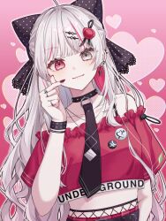 Rule 34 | 1girl, ahoge, bare shoulders, belt, black belt, black bow, black collar, black necktie, bow, clothes writing, collar, crop top, ear piercing, earrings, finger heart, fishnet pantyhose, fishnets, grey eyes, grey hair, hair bow, hair ornament, hairclip, heart, heterochromia, highres, hqruchikq, ishigami nozomi, jewelry, leaning to the side, long hair, looking at viewer, midriff, multicolored hair, necklace, necktie, nijisanji, off-shoulder shirt, off shoulder, pantyhose, piercing, pink eyes, pink hair, plaid, plaid skirt, polka dot, polka dot bow, red nails, red shirt, red skirt, ring, shirt, short sleeves, skirt, smile, solo, spiked collar, spikes, streaked hair, studded bracelet, upper body, very long hair, virtual youtuber
