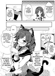 Rule 34 | 10s, 1boy, 1girl, admiral (kancolle), animal ears, belt, blush, box, braid, breasts, cat ears, cat tail, cleavage, closed eyes, collarbone, comic, english text, engrish text, flower, gloves, greyscale, hand to own mouth, hands up, hat, unworn hat, unworn headwear, highres, kantai collection, long hair, long sleeves, military, military uniform, monochrome, musical note, naval uniform, necktie, nose blush, noshiro (kancolle), open mouth, opening, paw pose, pleated skirt, ranguage, school uniform, serafuku, sheita, sidelocks, sigh, skirt, sleeveless, solid oval eyes, speech bubble, surprised, tail, talking, tears, twin braids, uniform, wide-eyed